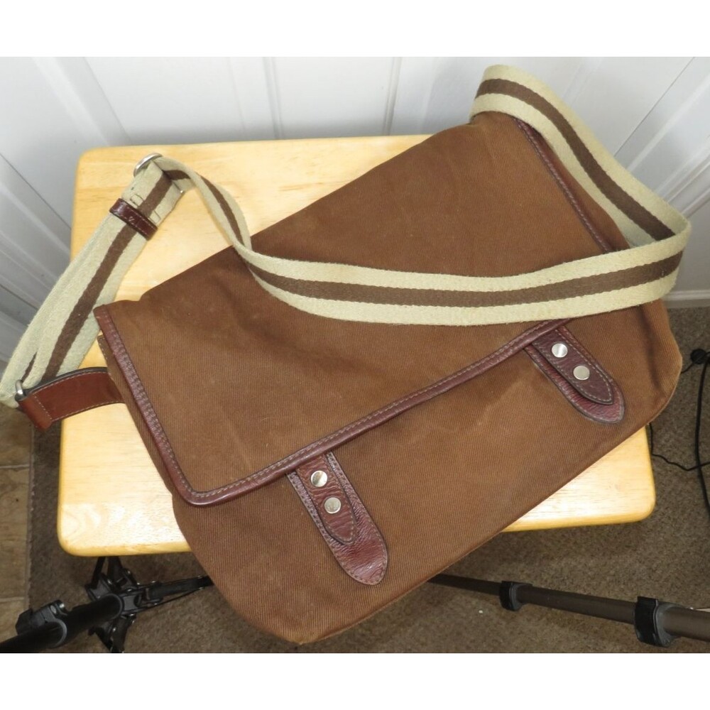 VTG Banana Republic Messenger Bag Canvas Brown Striped Strap & Lining Travel Y2K